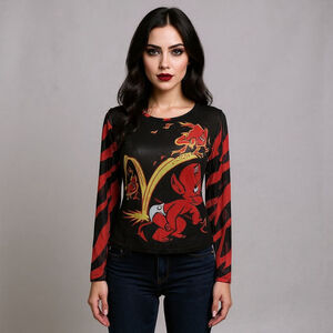 Dolls Kill Hot Stuff Casper Black Red Mesh Trusty Trident Long Sleeve Tee - Med